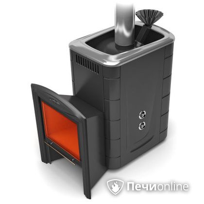 Дровяная банная печь TMF Гейзер 2014 Carbon Витра с теплообменником антрацит в Добрянке
